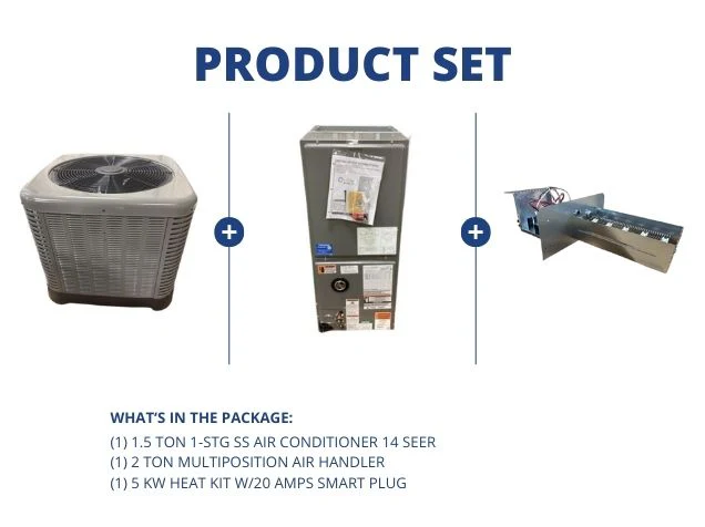1.5 Ton 1-Stg SS AC 14.3 SEER2, 2 Ton ECM Multiposition Air Handler with 5Kw Heat, 20A Smart Plug