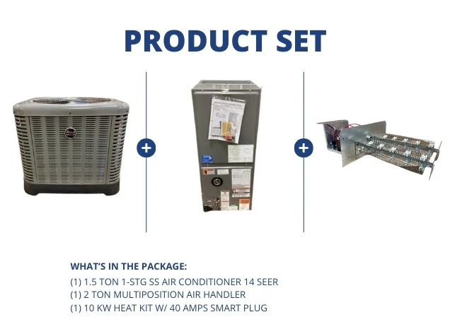 1.5 Ton 1-Stg SS AC 14 SEER, 2 Ton ECM Multiposition Air Handler and 10 Kw Heat, 40A Smart Plug Only