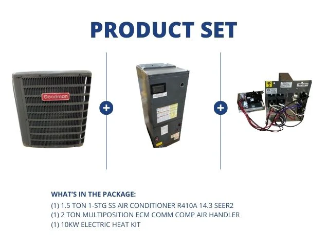 1.5 Ton 1-Stg SS AC R410A 14.3 SEER2, 2 Ton Multiposition ECM Comm Comp Air Handler, 10kW Heat Kit
