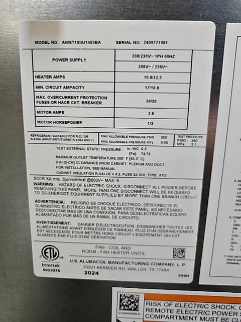 1.5 Ton AC/HP ECM Wall Mounted Air Handler With 3 KW Heat, 208-230/60/1 R-410A CFM 846 - Image 2