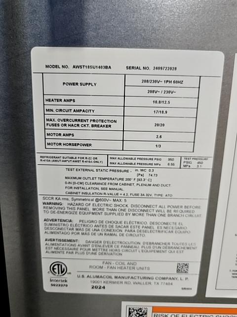 1.5 Ton AC/HP ECM Wall Mounted Air Handler With 5 KW Heat, 208-230/60/1 R-410A CFM 846 - Image 2