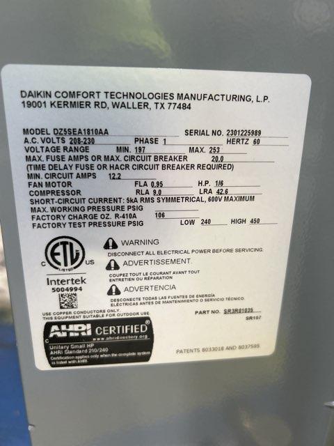 1.5 Ton Split System Heat Pump; 208-230/60/1, 15.2 Seer2, R-410A - Image 5