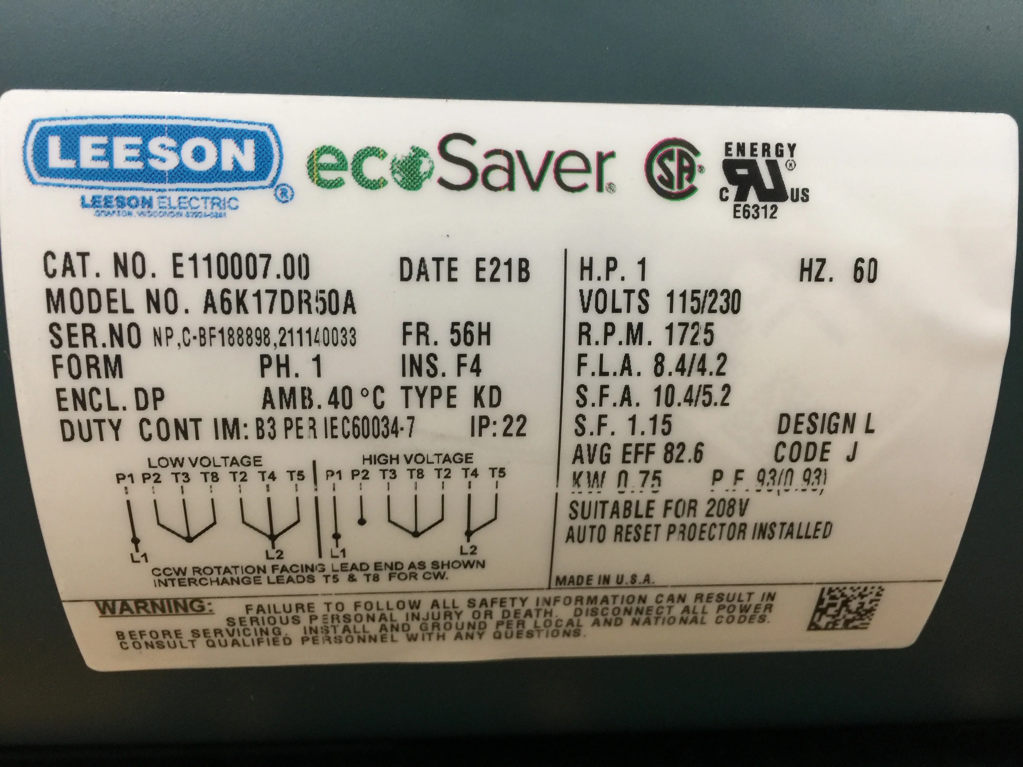 1 HP General Purpose Eco Saver Motor; 115/230/60/1, 1725 RPM - Image 3