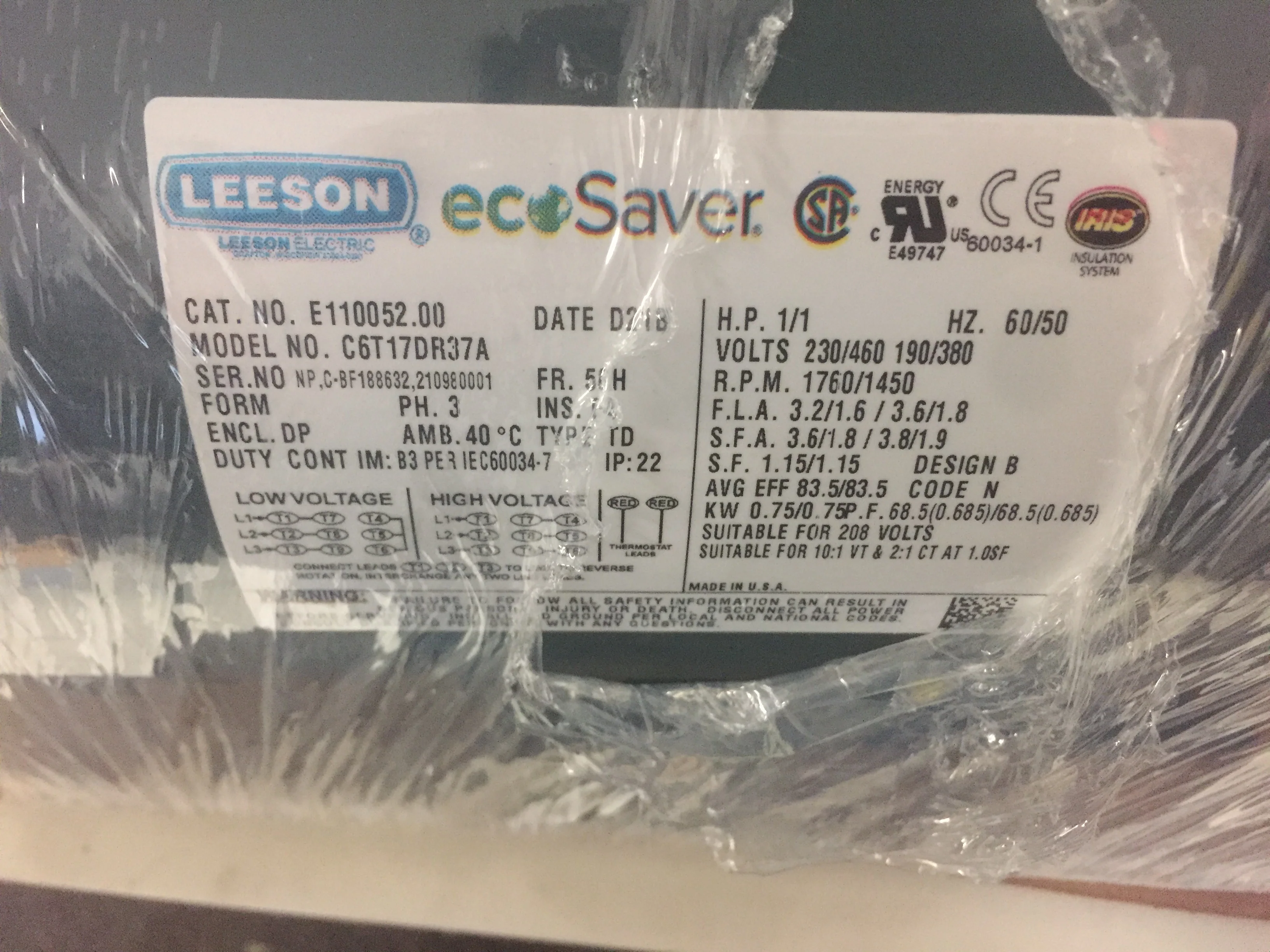 1 HP General Purpose Motor 208-230/460/50-60/3 1760 RPM  1 Speed - Image 5