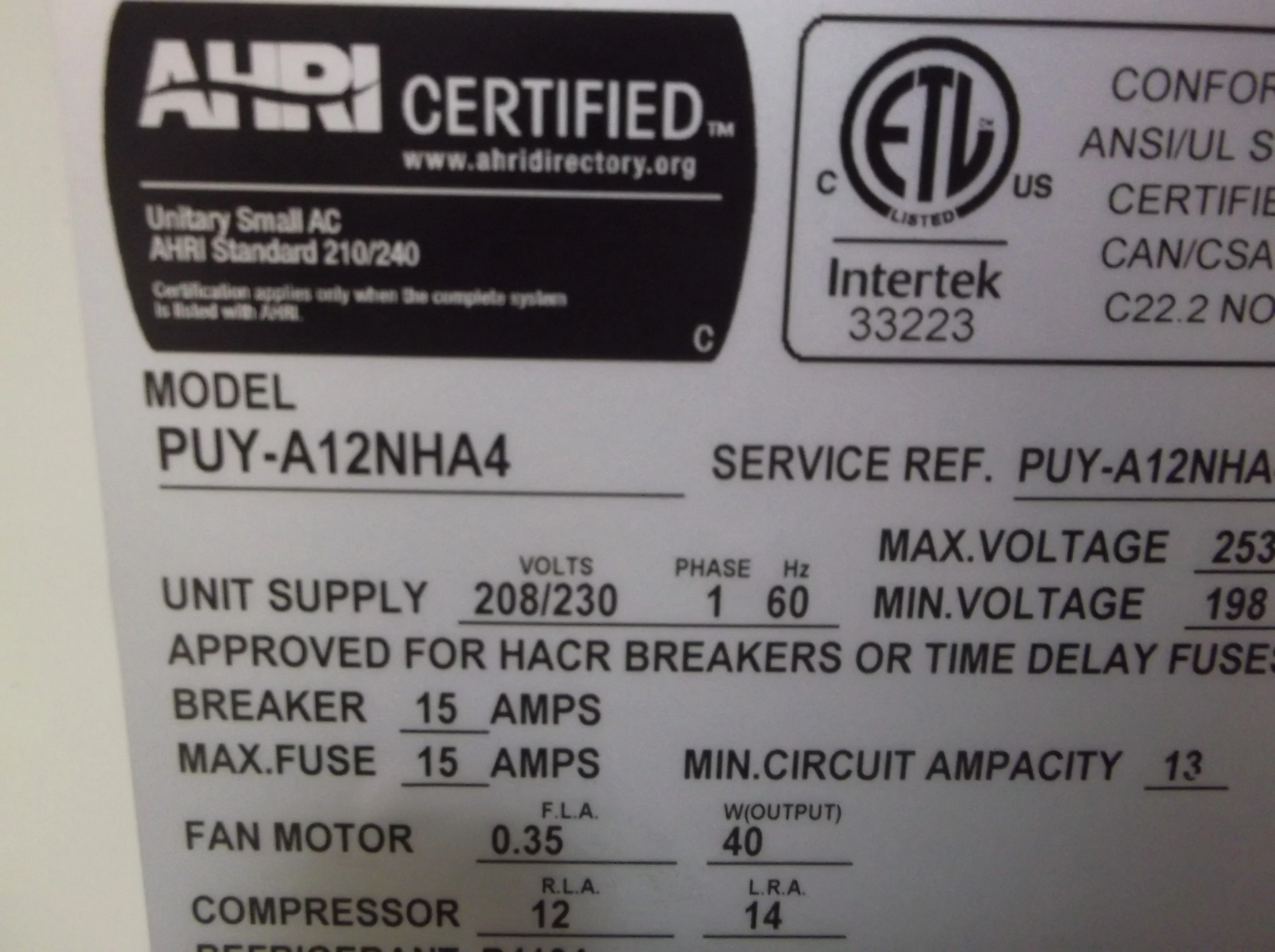 1 Ton Single Zone Mini-Split Outdoor Air Conditioner, 13.5 Seer 208-230/60/1 R-410A