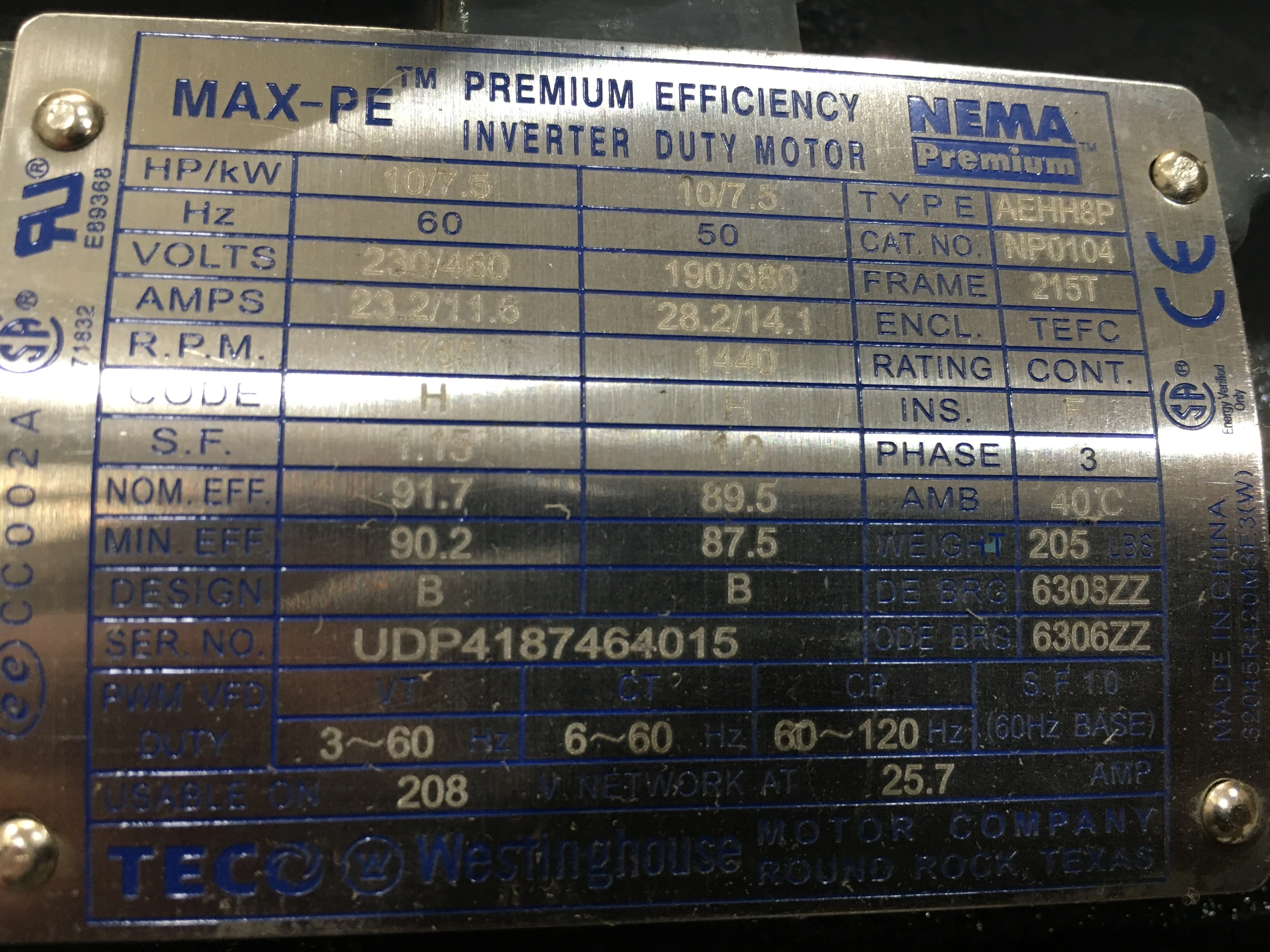 10 HP Prem Efficiency Hazardous Location Inverter Duty Motor 230-460/50-60/3 1440/1755 RPM 1 Speed - Image 6
