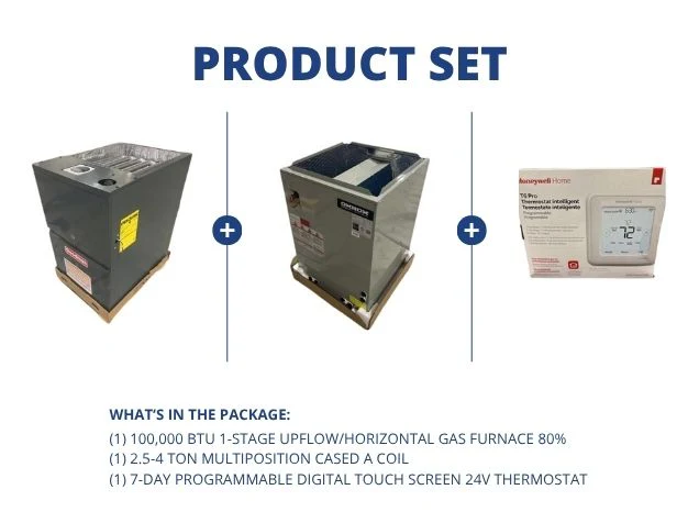 100,000 BTU 1-Stg Up/Horz Gas Furnace 80%, 2.5-4 Ton Multiposition Cased A Coil with 24V Thermostat