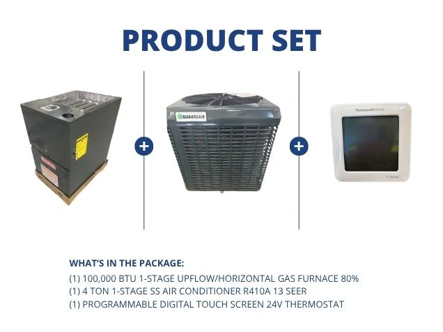 100,000 BTU 1-Stg Up/Horz Multi Gas Furnace 80%, 4 Ton 1-Stg SS AC R410A 13 SEER, and 24V Thermostat
