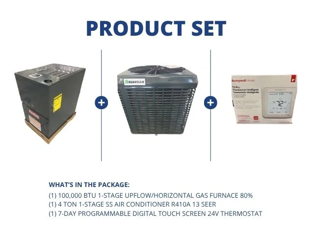 100,000 BTU 1-Stg Up/Horz Multi Gas Furnace 80%, 4 Ton 1-Stg SS AC R410A 13 SEER, and 24V Thermostat