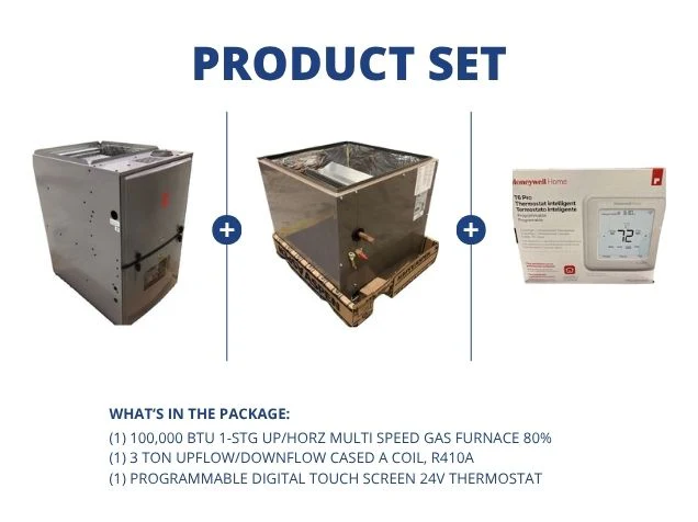 100,000 BTU 1-Stg Up/Horz Multi Speed Gas Furnace 80%, 3 Ton Up/Down Cased A Coil and 24V Thermostat