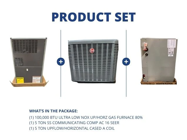 100,000 BTU Ultra Low NOx Up/Horz Gas Furnace 80%, 5 Ton Comm Comp AC 16 SEER, 5 Ton Up/Horz A Coil