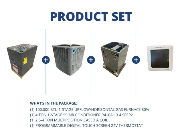 100,000 BTU Up/Horz Gas Furnace 80%, 4 Ton AC 13.4 SEER2, 2.5-4 Ton Multi Coil and 24V Thermostat