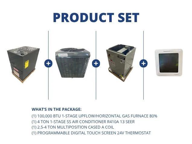 100,000 BTU Up/Horz Gas Furnace 80%, 4 Ton AC R410A 13 SEER, 2.5-4 Ton Multi Coil and 24V Thermostat