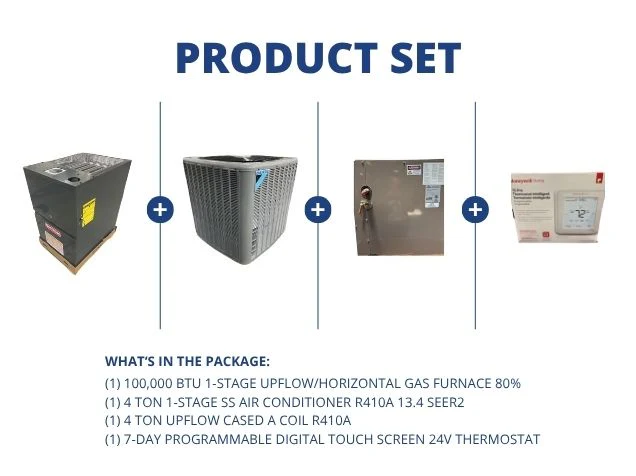 100,000 BTU Up/Horz Gas Furnace 80%, 4 Ton SS AC R410A 13.4 SEER2, 4 Ton Up Coil and 24V Thermostat