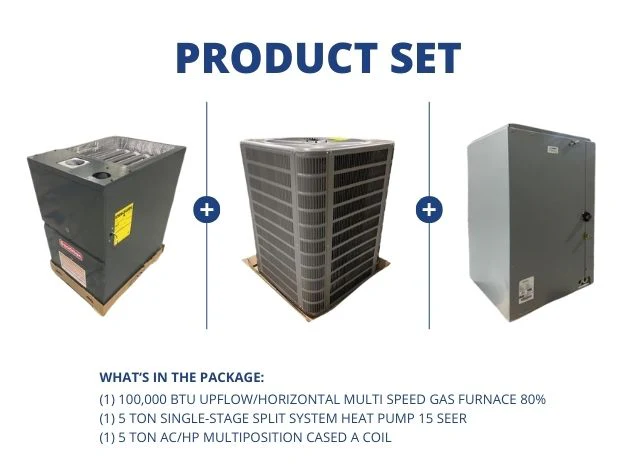 100,000 BTU Up/Horz Multi Speed Gas Furnace 80%, 5 Ton Heat Pump 15 SEER, 5 Ton Multi Cased A Coil