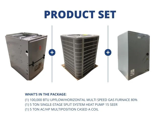 100,000 BTU Up/Horz Multi Speed Gas Furnace 80%, 5 Ton Heat Pump 15 SEER, 5 Ton Multi Cased A Coil
