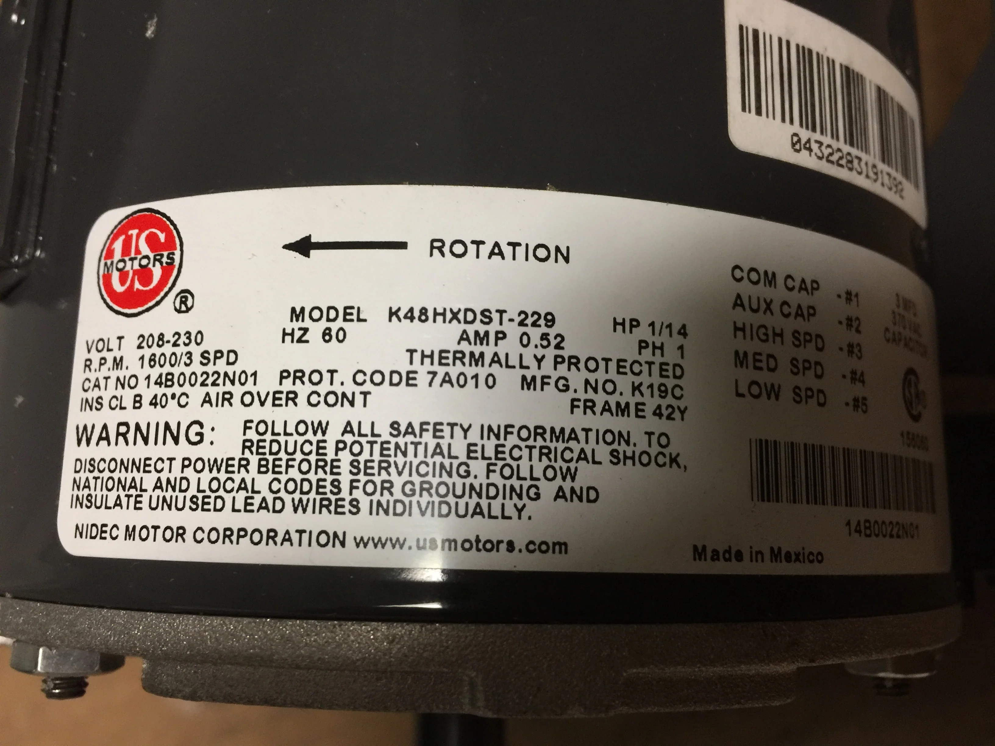 1/14HP PSC Fan Motor; 208-230/60/1, RPM 1600, 3 Speed, Double Shaft - Image 7