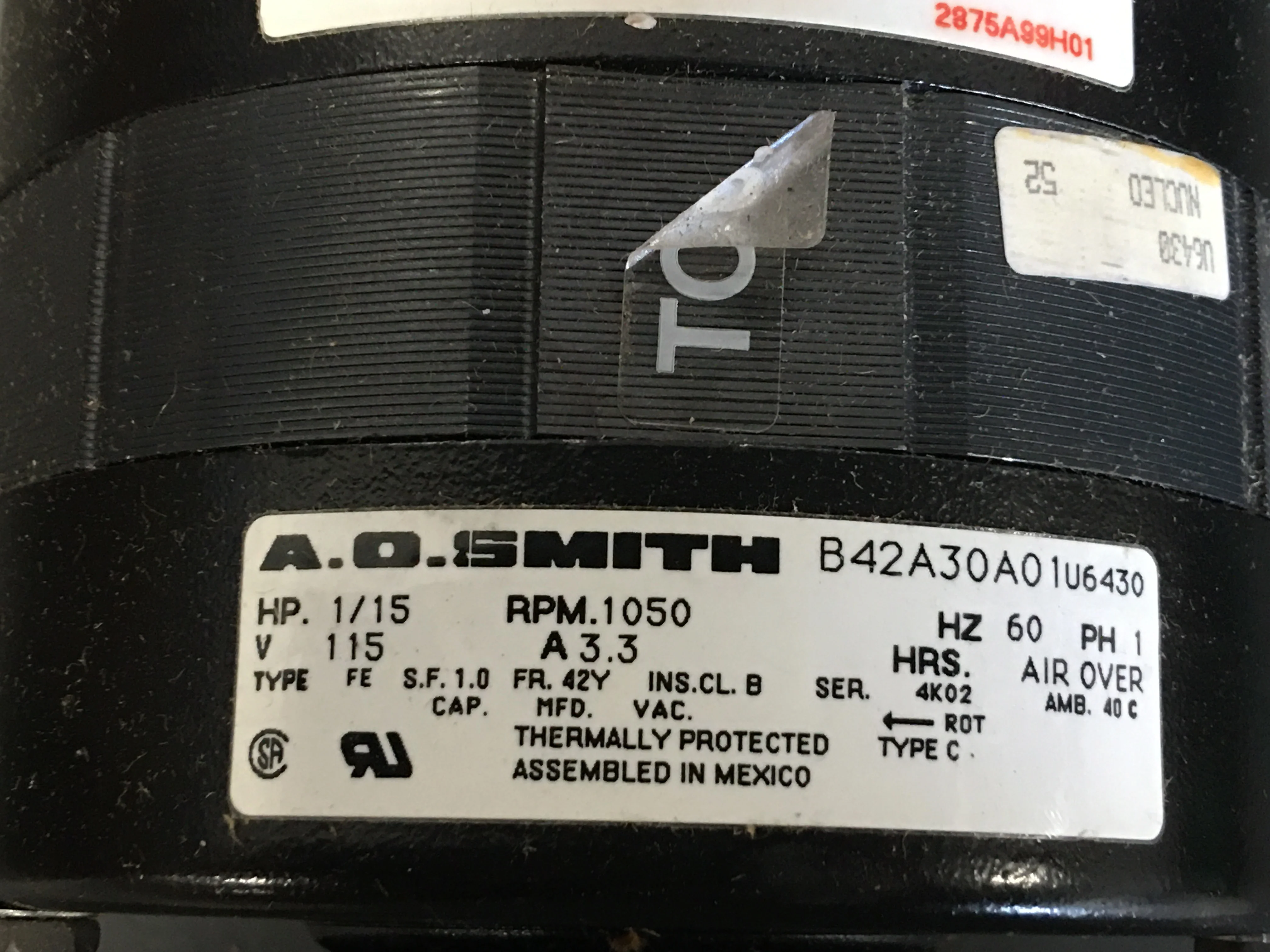 1/15 HP Century Unit Heater Motor 115/60/1 1050 RPM 1 Speed - Image 4