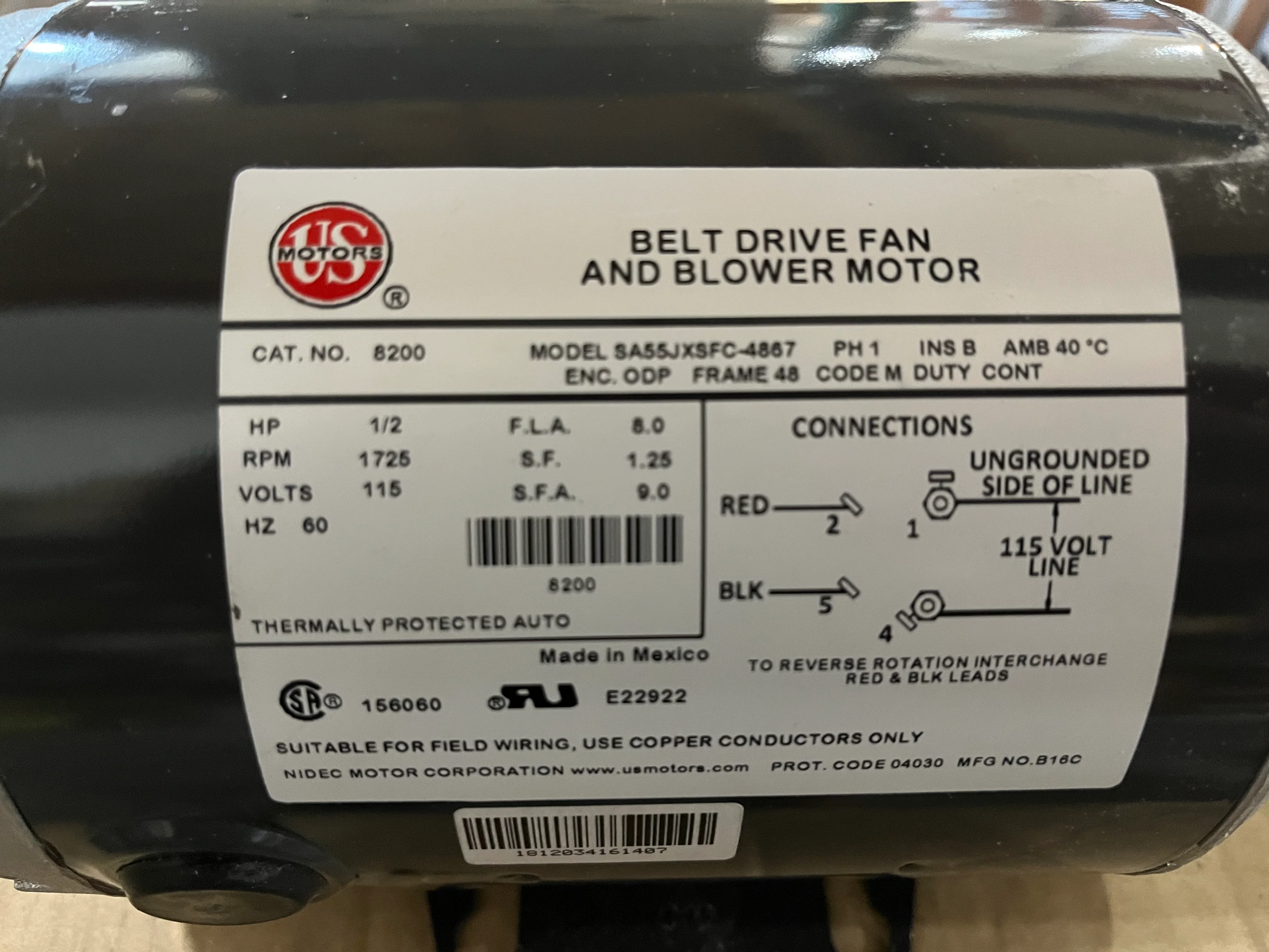 1/2 HP Belt And Drive Fan Blower Motor 115/60/1 1725 RPM 1 Speed - Image 6