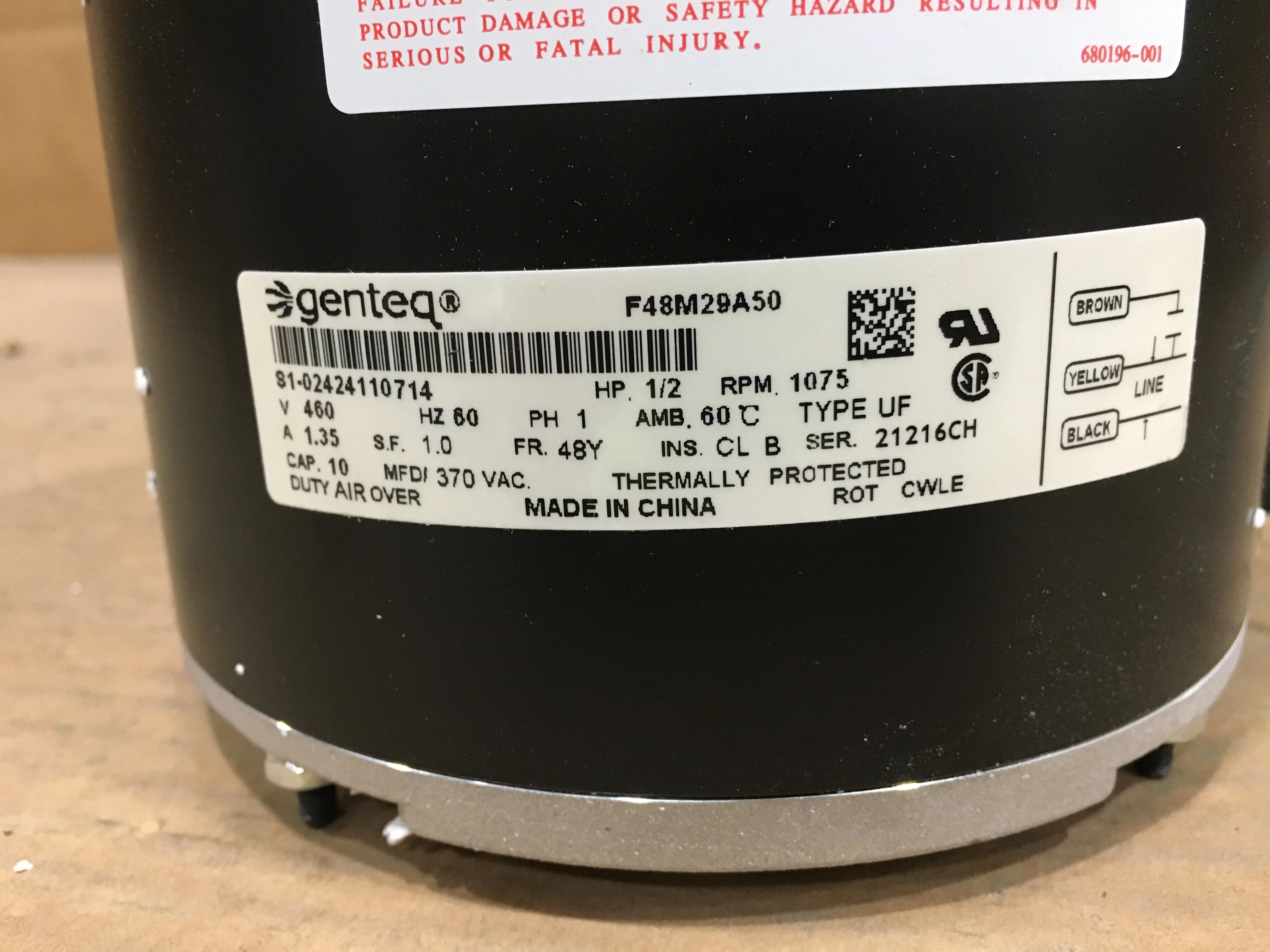 1/2 HP Fan Motor, 460/60/1 RPM 1075 1-Speed Amps 1.35 - Image 5