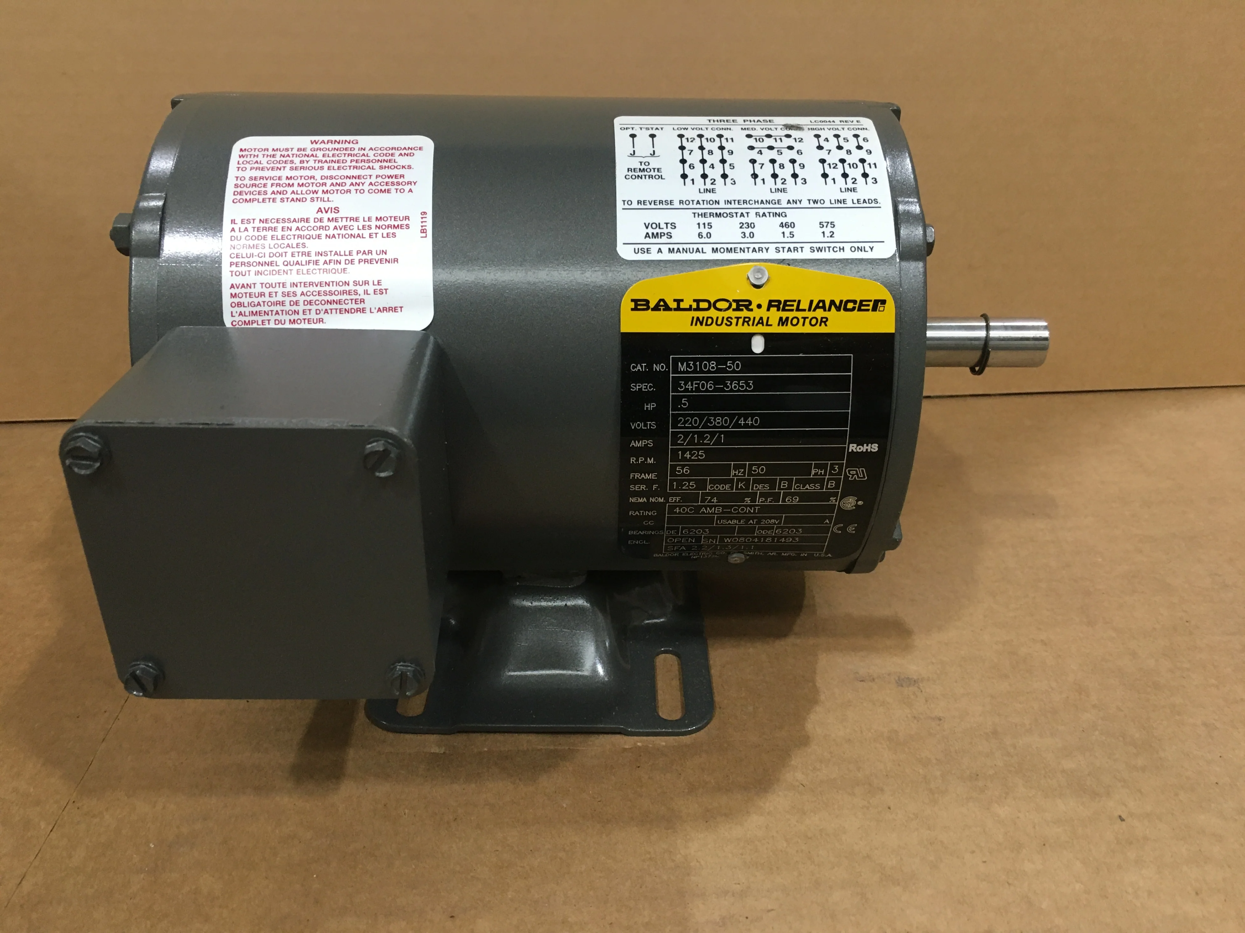 1/2 HP Industrial Motor 220-380-440/50/3 1425 RPM 1 Speed - Image 2