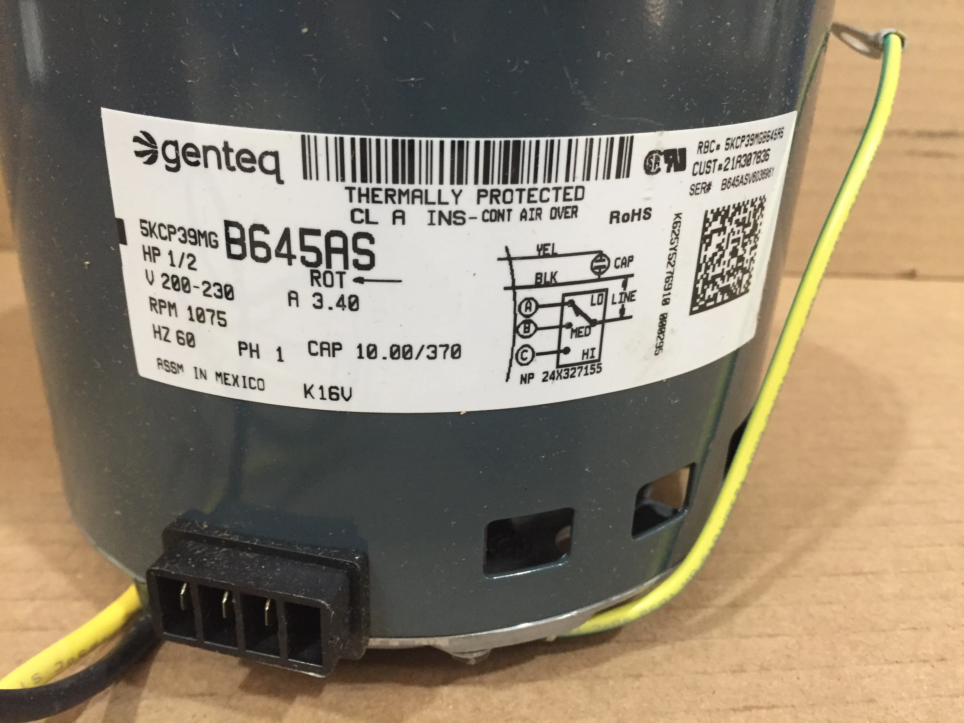 1/2HP Blower Motor, 200-230/60/1, 1075 RPM, 3 Speed - Image 2