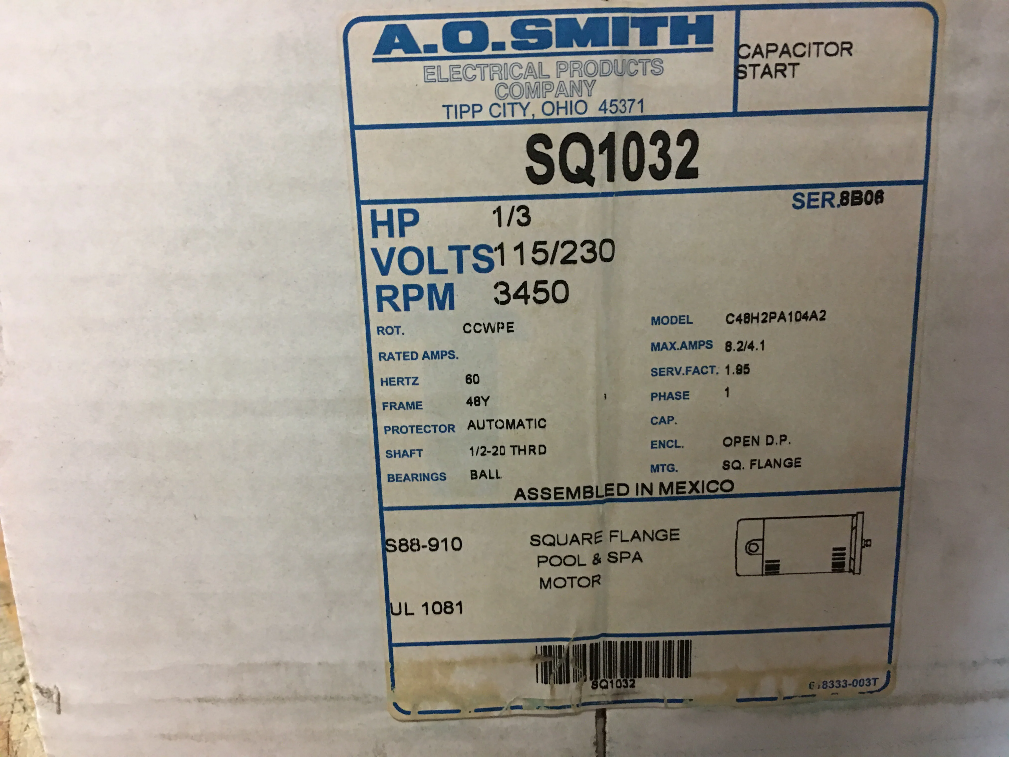 1/3 HP Pool And Spa Motor 115-230/60/1 3450 RPM - Image 5