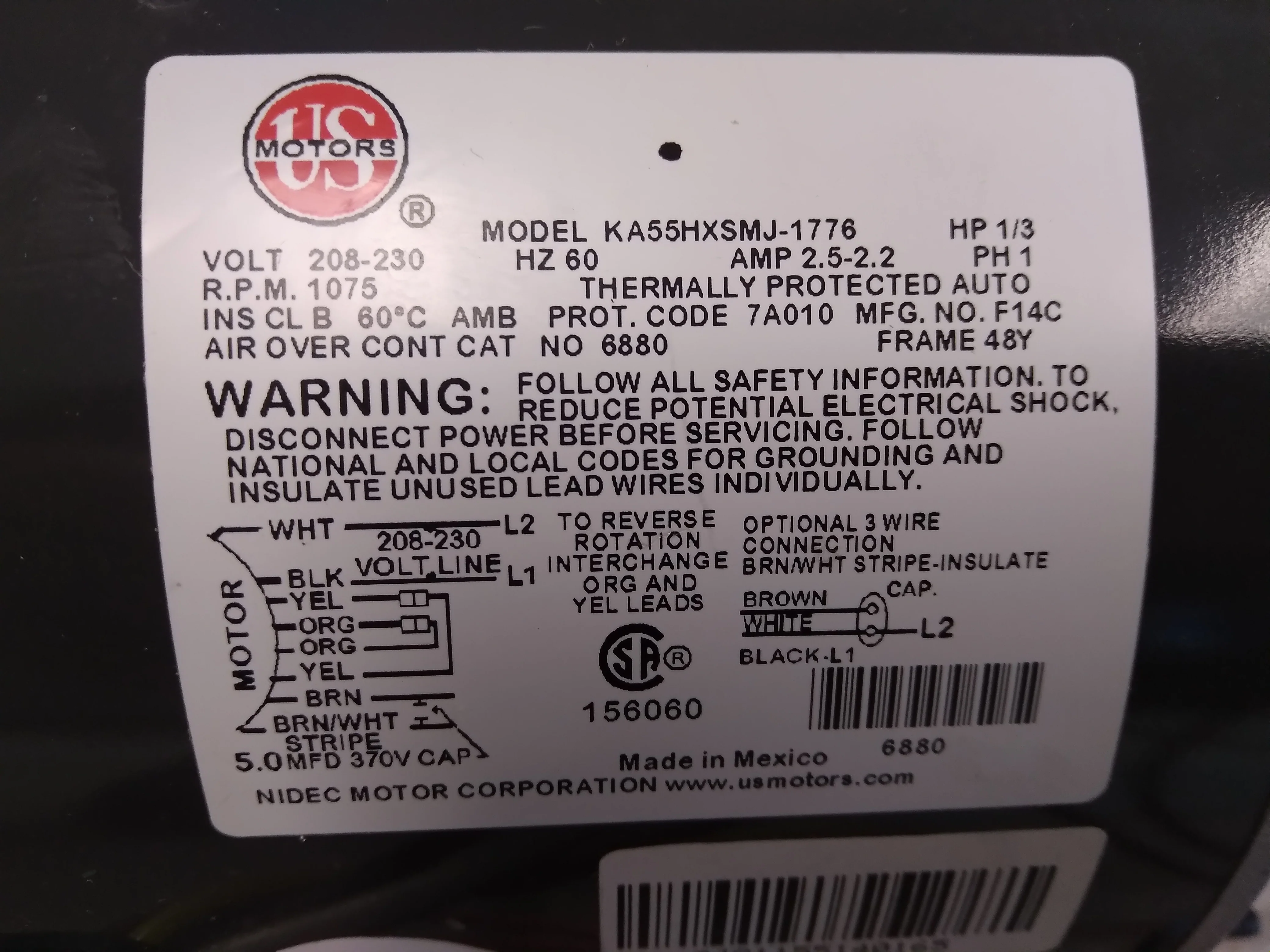 1/3 HP Reversible Single Shaft Electric Motor 208-230/60/1 1075 RPM 2.2-2.5 Amps - Image 6