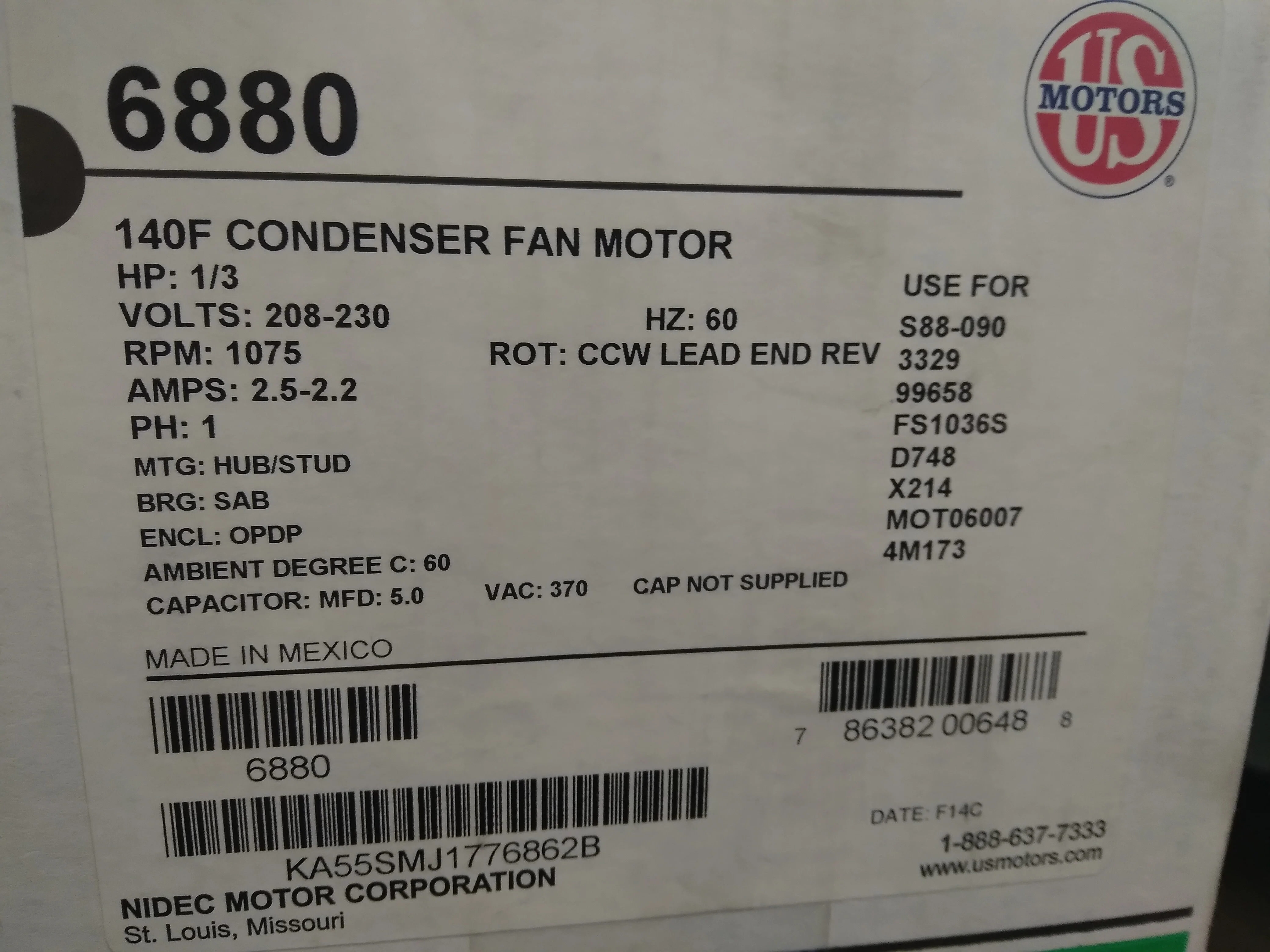 1/3 HP Reversible Single Shaft Electric Motor 208-230/60/1 1075 RPM 2.2-2.5 Amps - Image 7