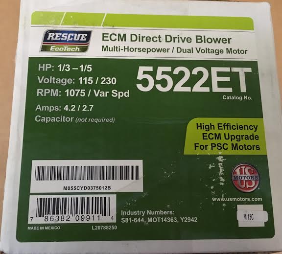 1/3,1/4,1/5 HP Rescue Ecotech Hi Eff ECM Blower Mtr 115/208-230/60/1 RPM 1075 Variable/5 Spds - Image 6