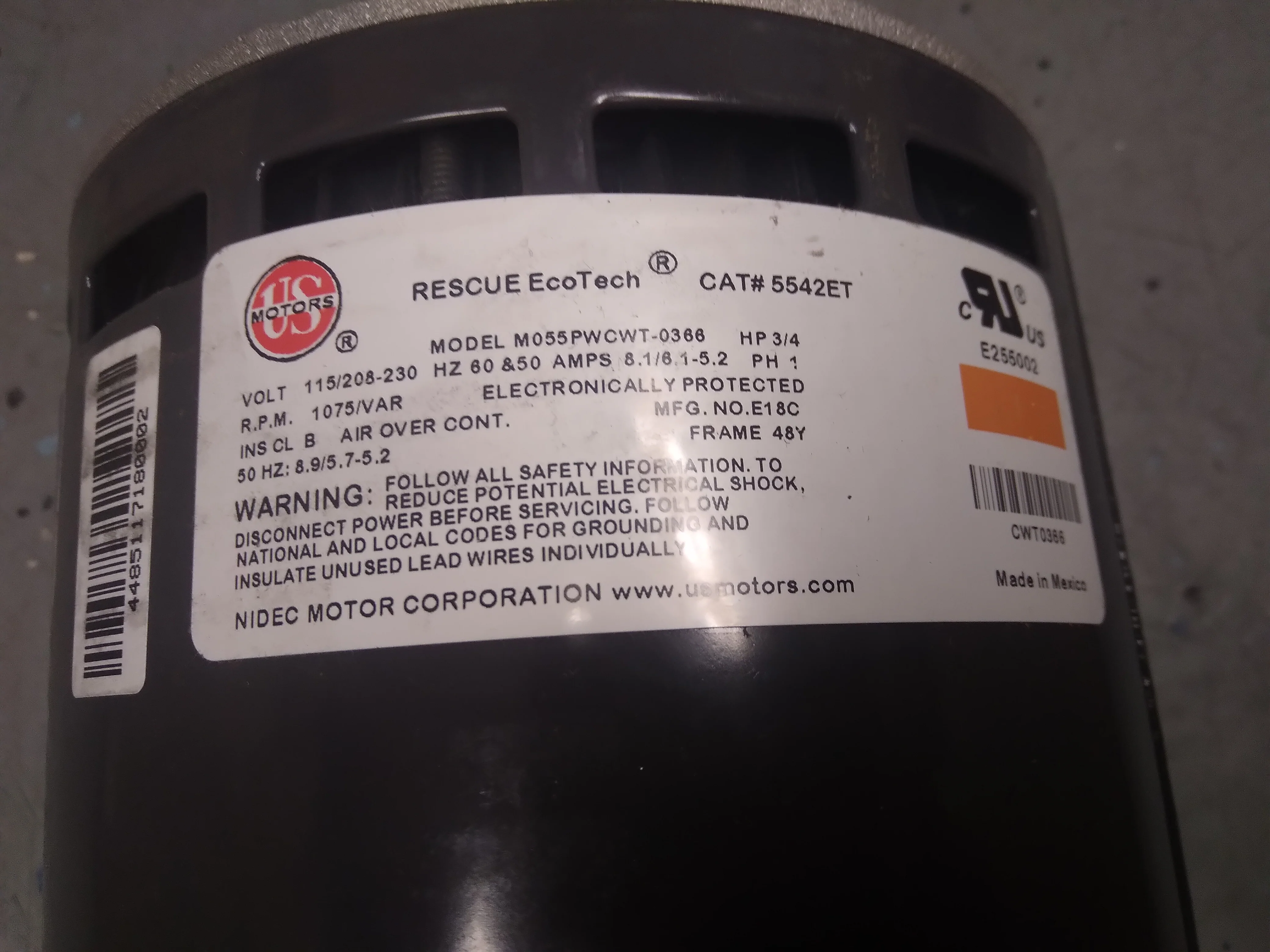 1/3-3/4HP Rescue Ecotech Emc Direct Drive Blower Motor 115-208-230/60/1 RPM:1075/Variable Speed - Image 6