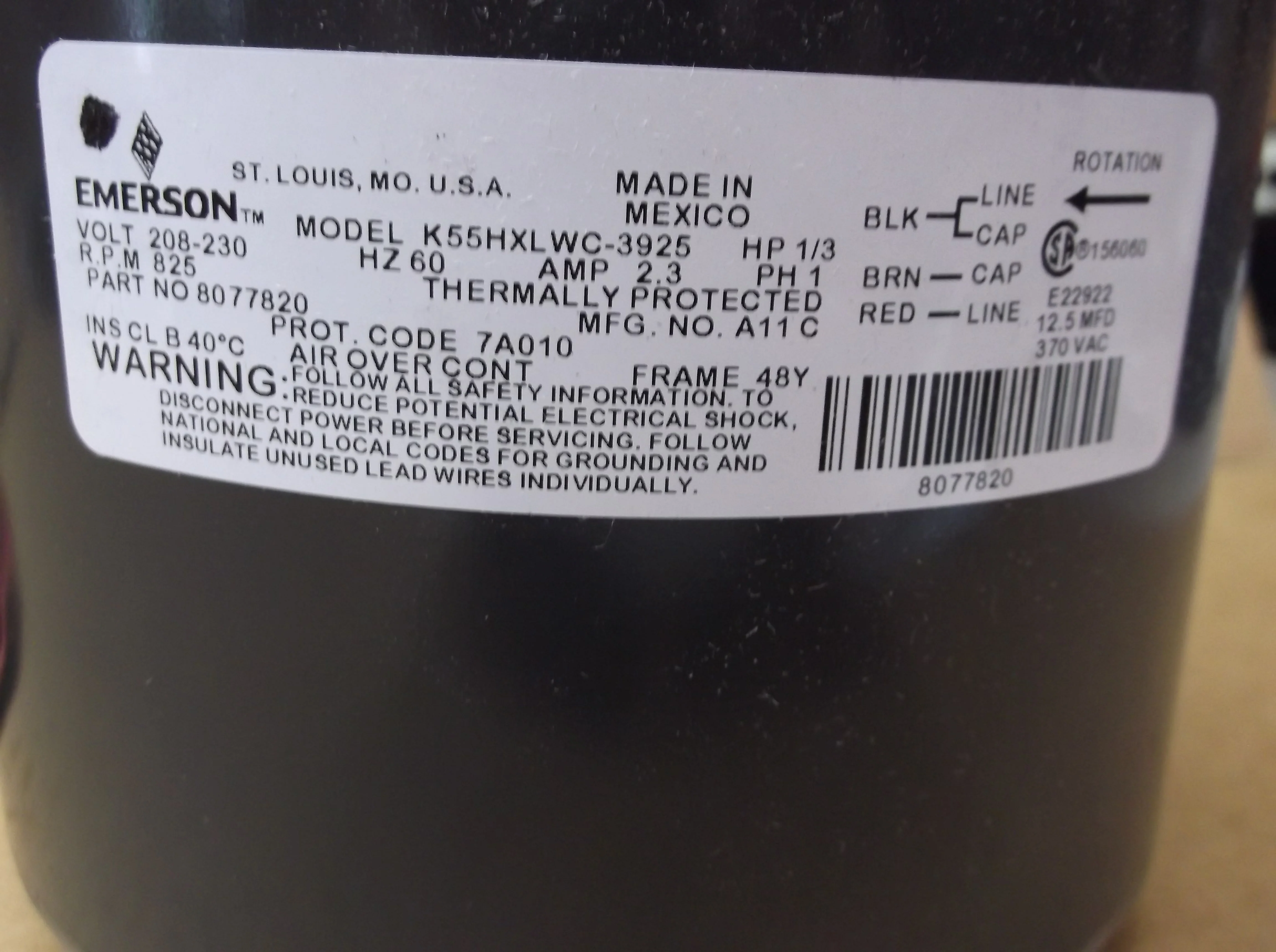 1/3HP Condenser Fan Motor 208-230/60/1 RPM:825/1-Speed - Image 3