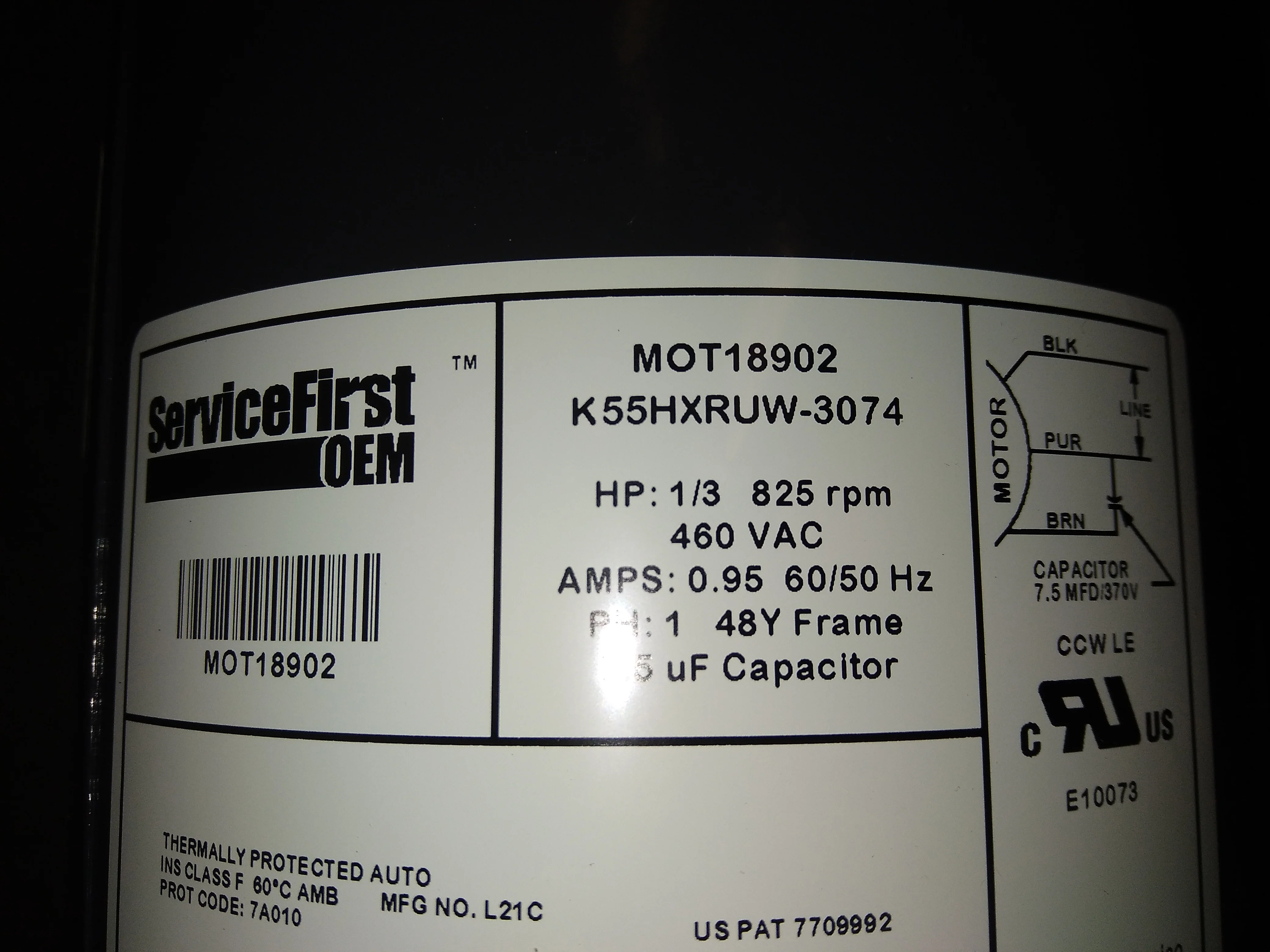 1/3HP Condenser Fan Motor 460/60/1 RPM:825/1-Speed - Image 6