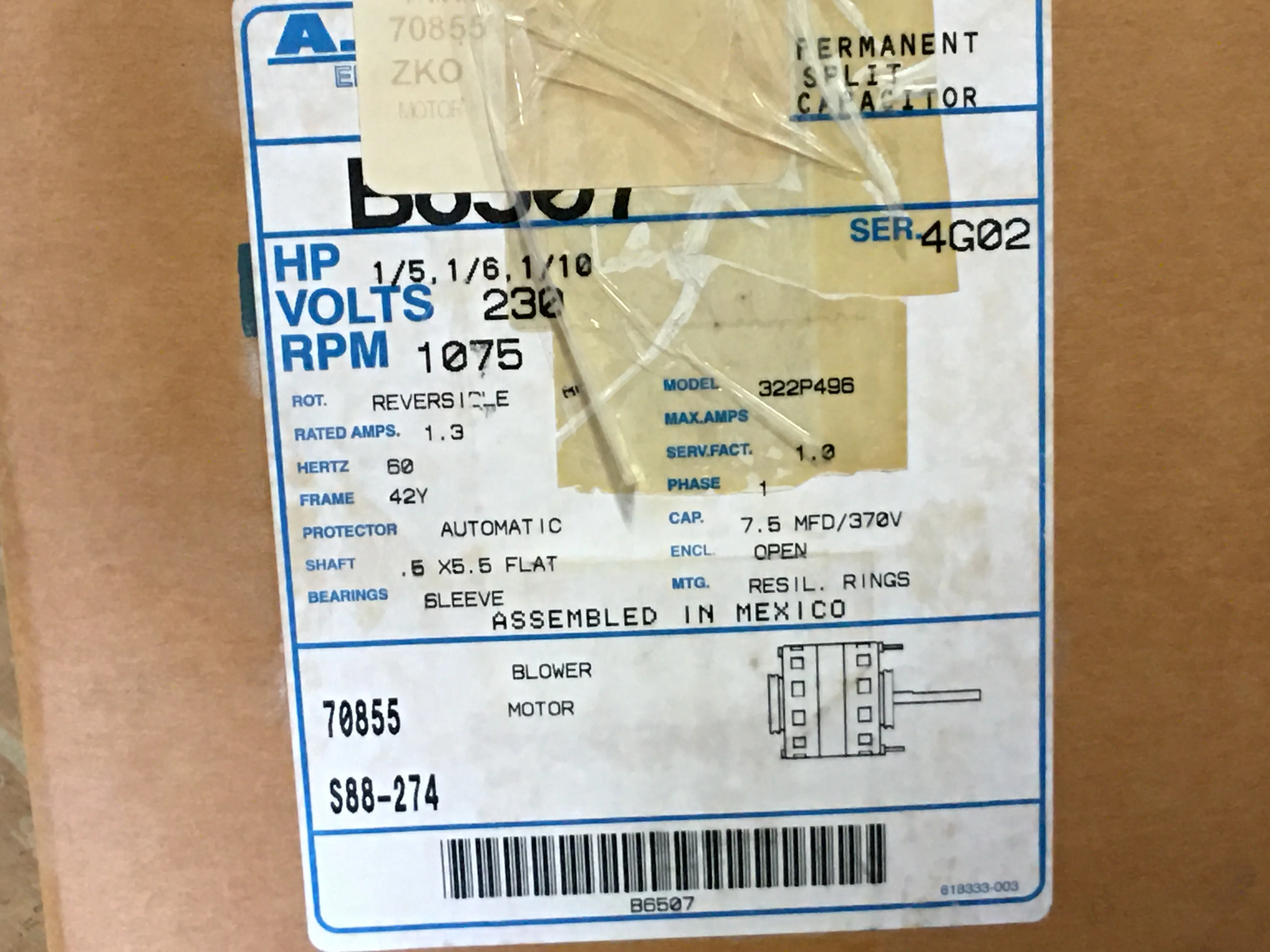 1/5 HP,1/6 HP, 1/10 HP, Blower Motor 230/60/1 1075 RPM 3 Speed - Image 5