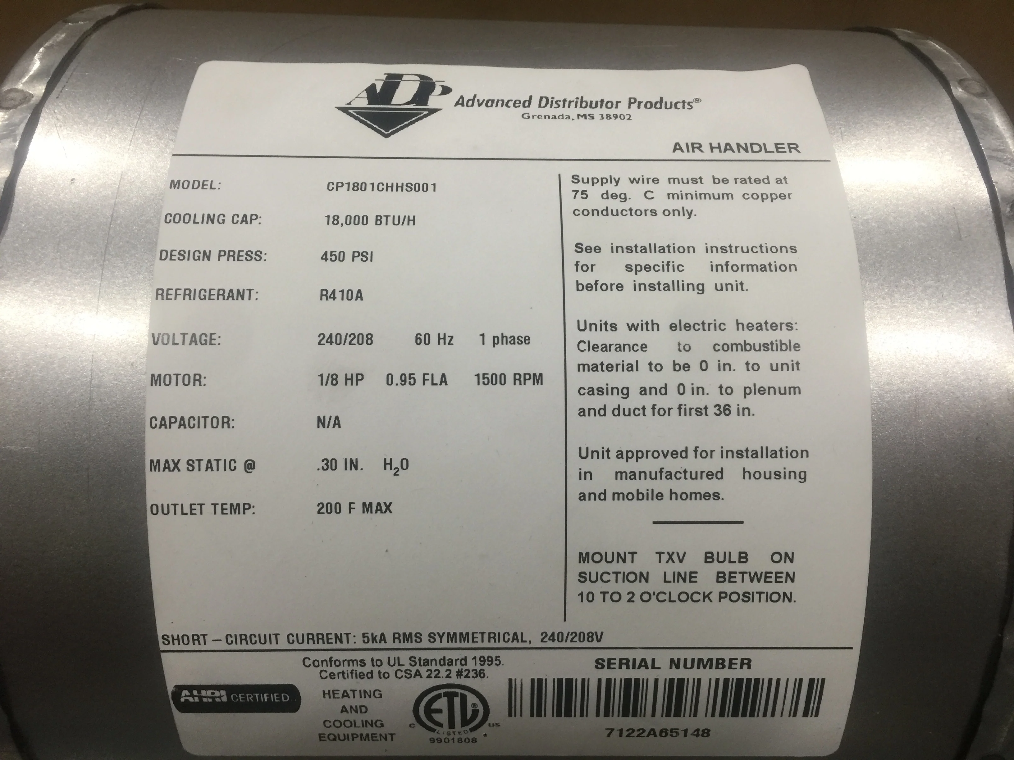 1.5 TON UNCASED HORIZONTAL CEILING MOUNT AIR HANDLER; 208-240/60/1, R-410A, CFM:600 - Image 7