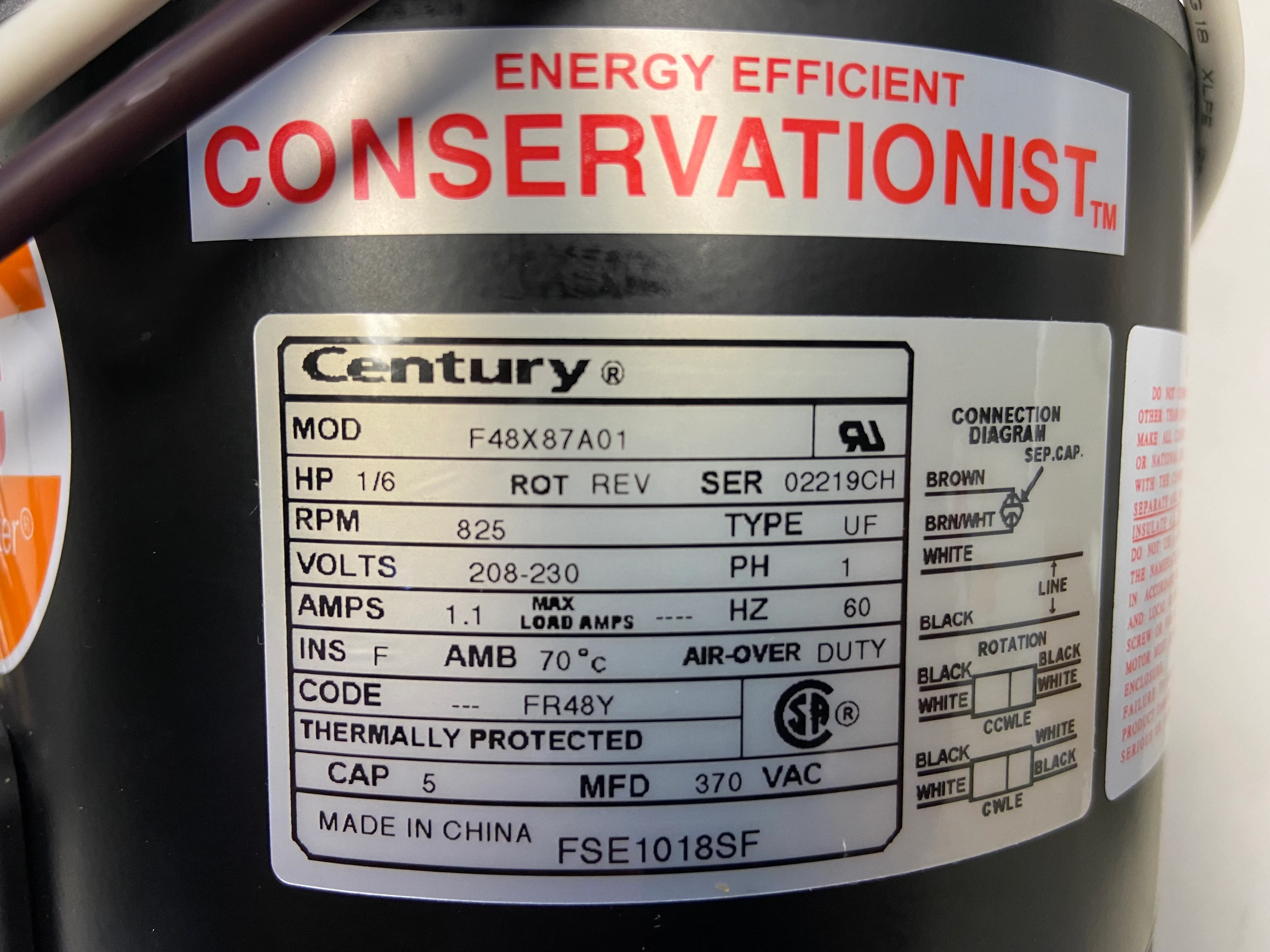 1/6 HP Condensor Fan Motor 208-230/60/1 RPM 825/1 Speed 1.1Amps - Image 3