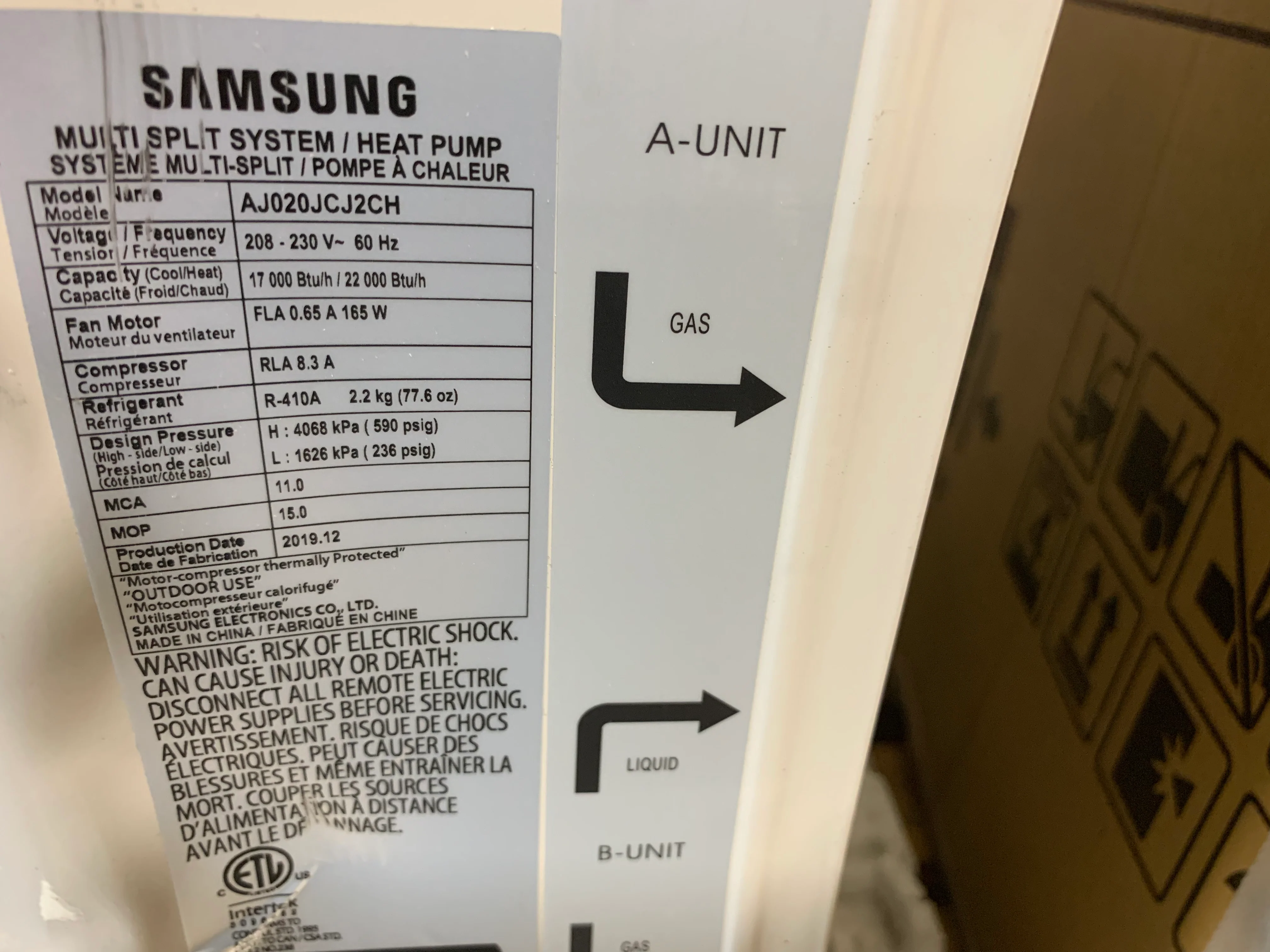 17,000/22,000 BTU Outdoor Heat Pump Mini Split Unit, 18.5 Seer 208-230/60/1 R410A - Image 4
