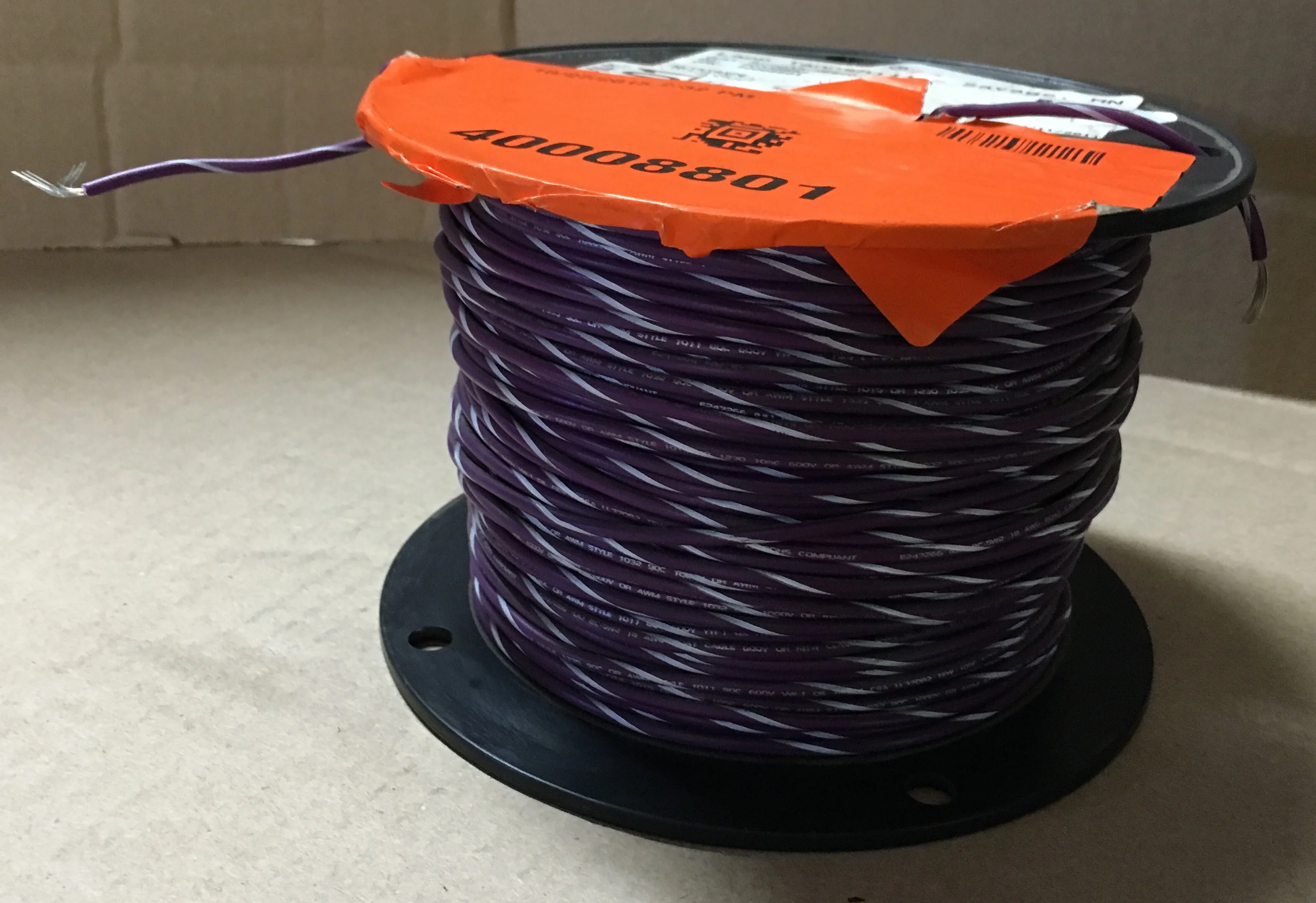 18 GAUGE "MTW/AWM/TEW" TINNED COPPER STRANDED PURPLE/WHITE 600 VOLT WIRE/W POLYVINYL CHLORIDE INSULATION