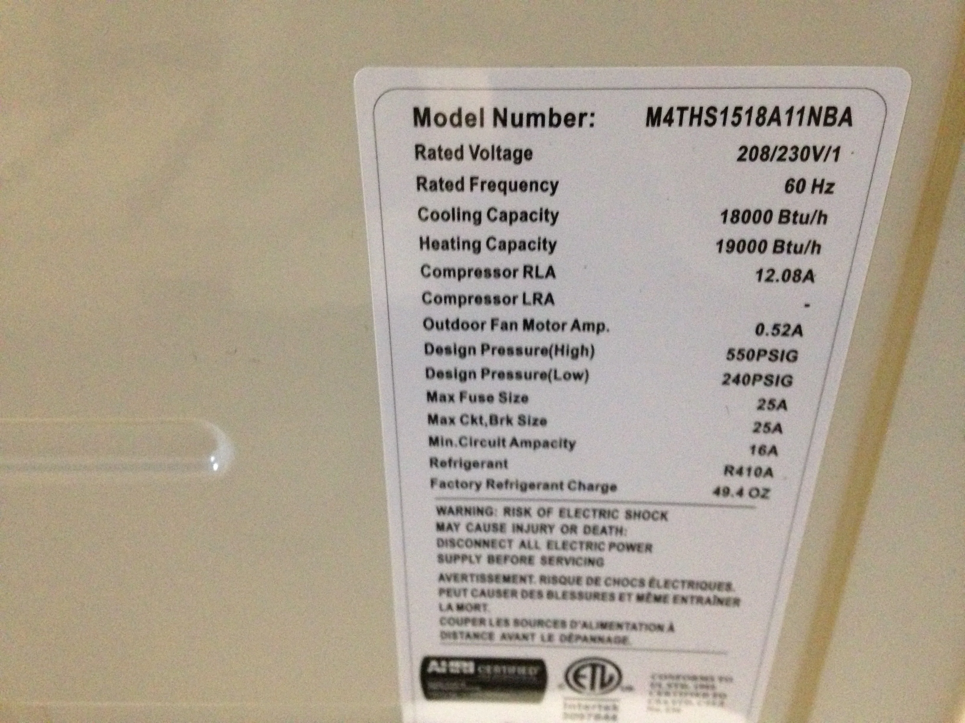 18,000 BTU Single Zone Outdoor Mini-Split Heat Pump, 15 SEER 208-230/60/1 R-410A - Image 6