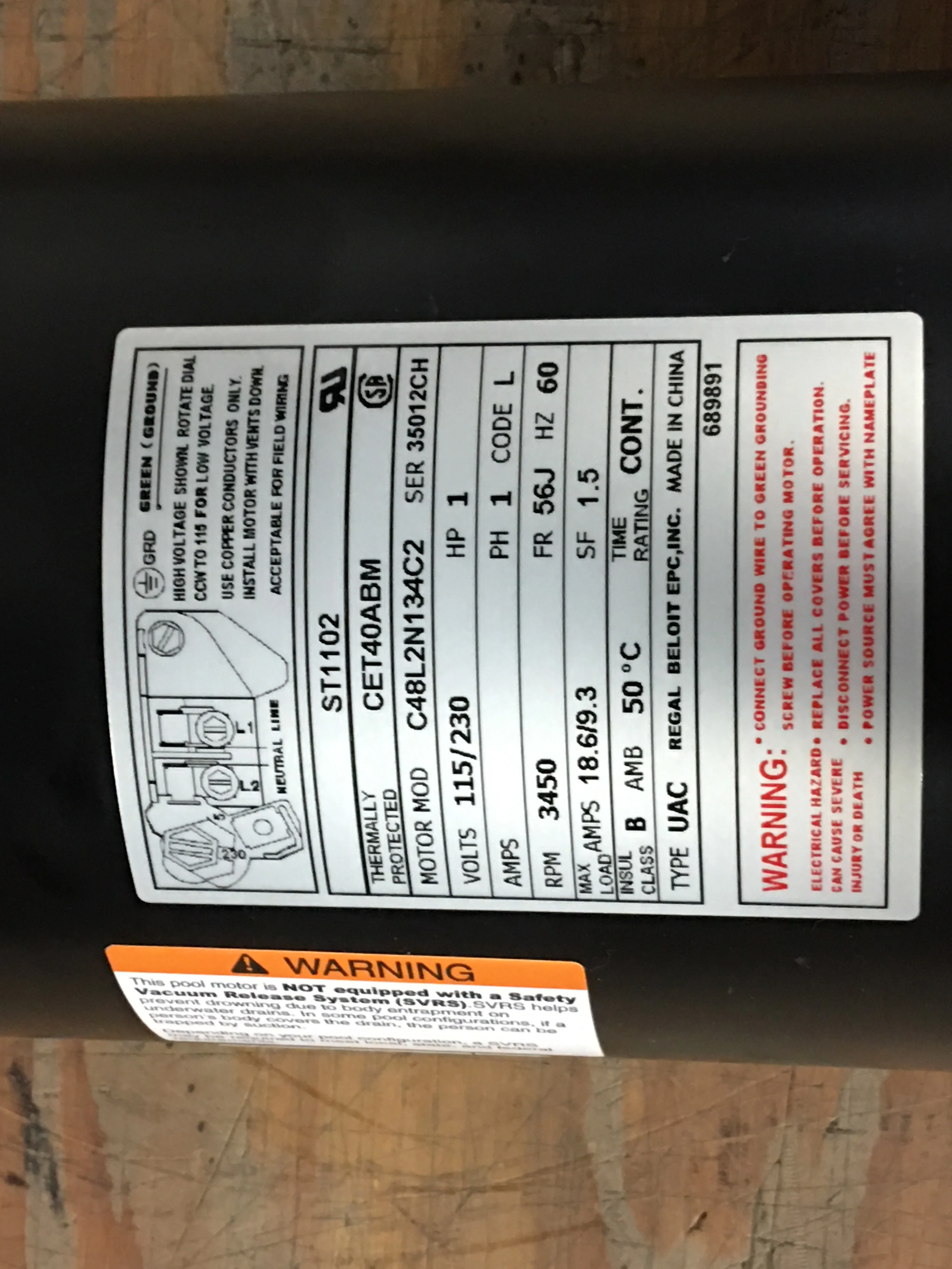 1HP POOL AND SPA MOTOR 115-230/60/1 3450 RPM - Image 4