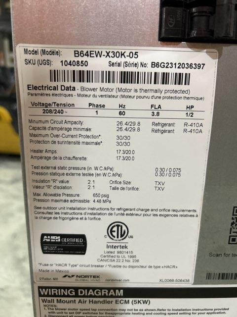 2.5 Ton AC/HP ECM Wall Mounted Air Handler With 5 KW Heat, 208-230/60/1 R-410A CFM 1236 - Image 4