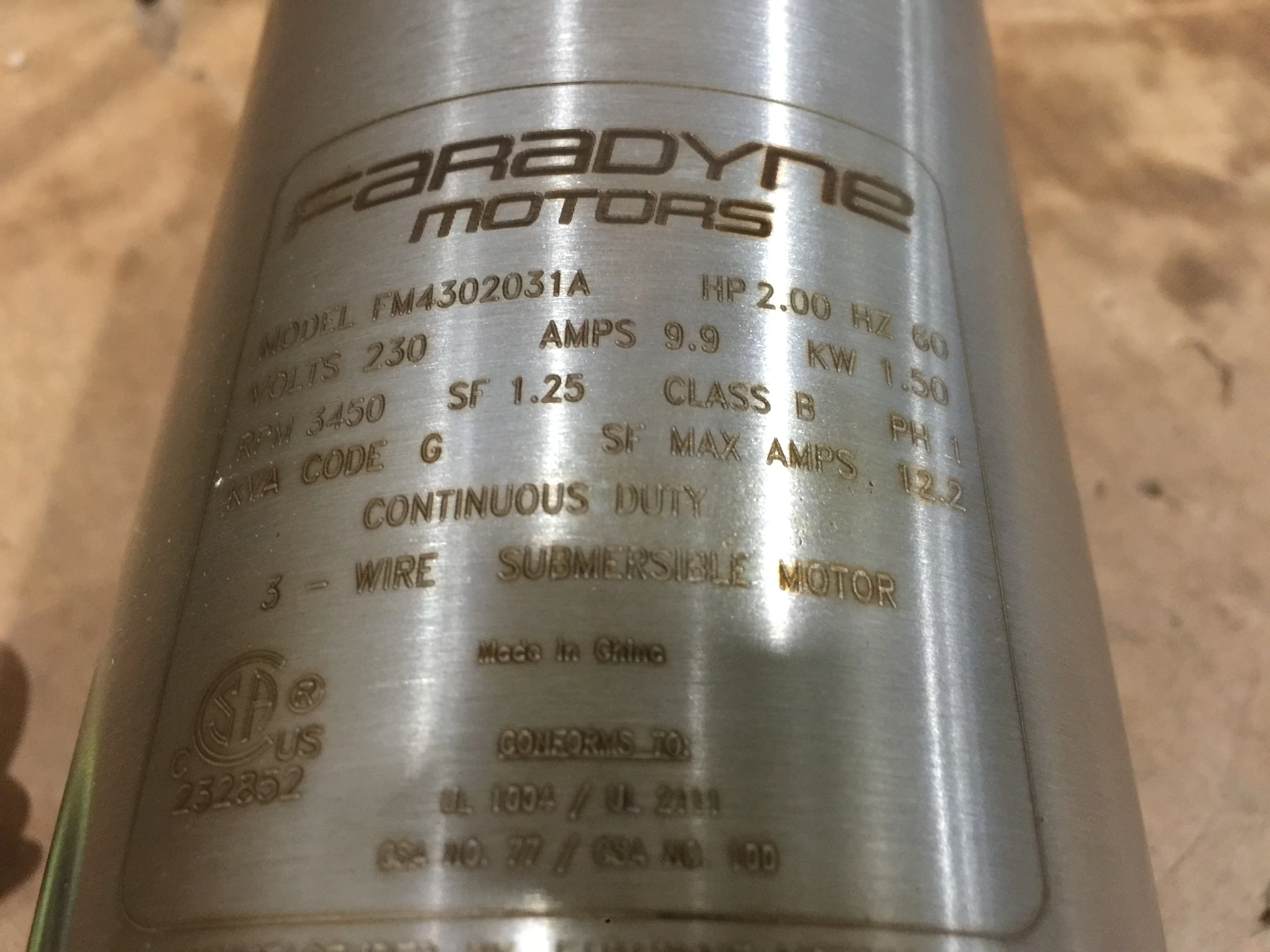 2 HP Submersible Electric Pump Motor; 230/60/1, RPM 3450, 9.9 Amps, 1.50 Kw - Image 5