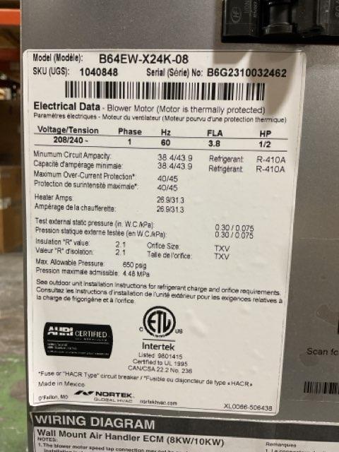 2 Ton AC/HP ECM Wall Mounted Air Handler With 8 KW Heat, 208-230/60/1 R-410A CFM 1180 - Image 2