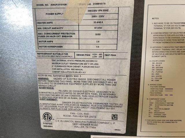 2 Ton AC/HP PSC Wall Mounted Air Handler With 10 KW Heat, 208-230/60/1 R22/R-410A CFM 899 - Image 4