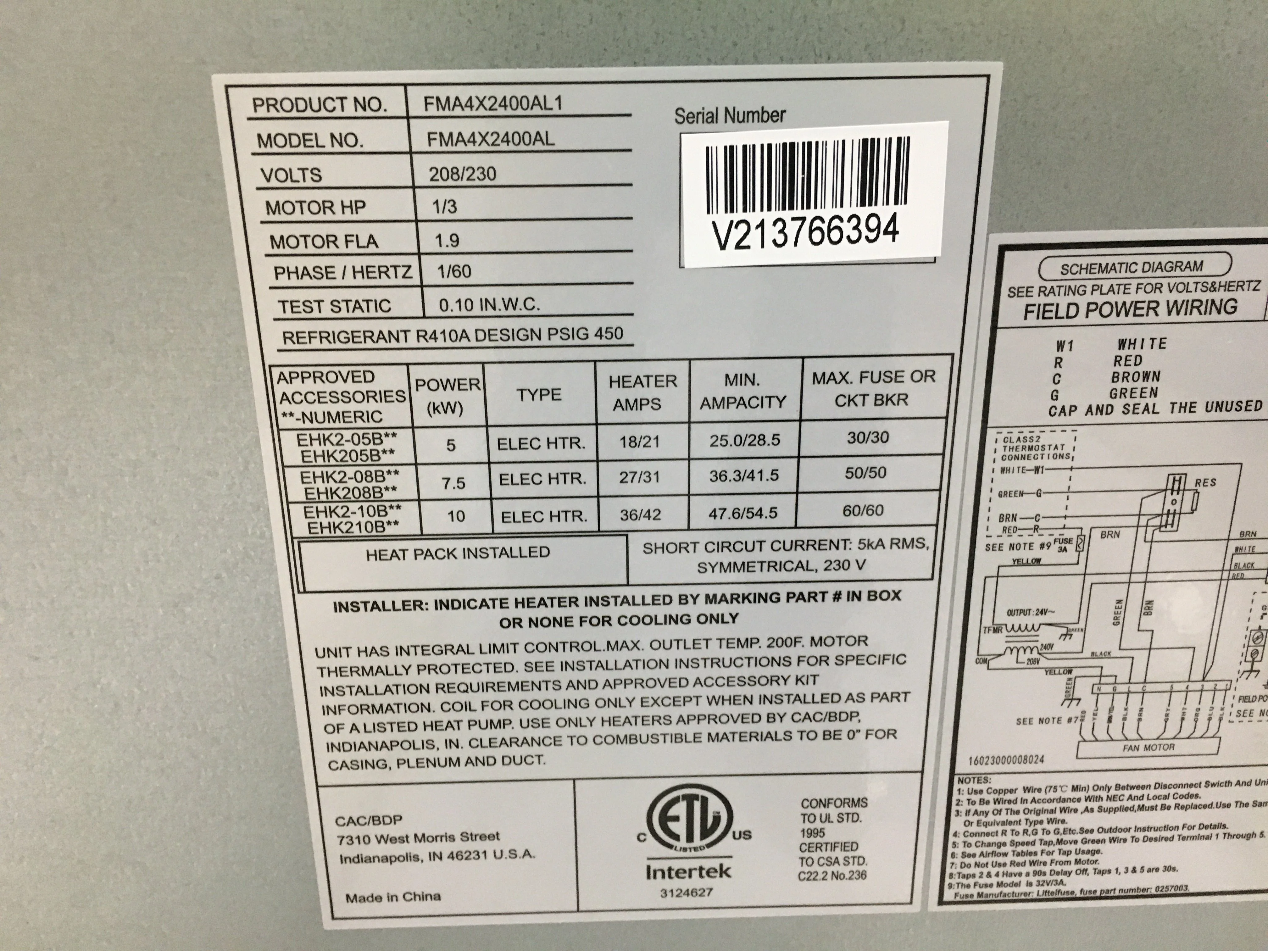 2 Ton AC/HP Upflow Variable Speed ECM Wall Mount Air Handler 208-230/60/1 R-410A CFM 900 - Image 4
