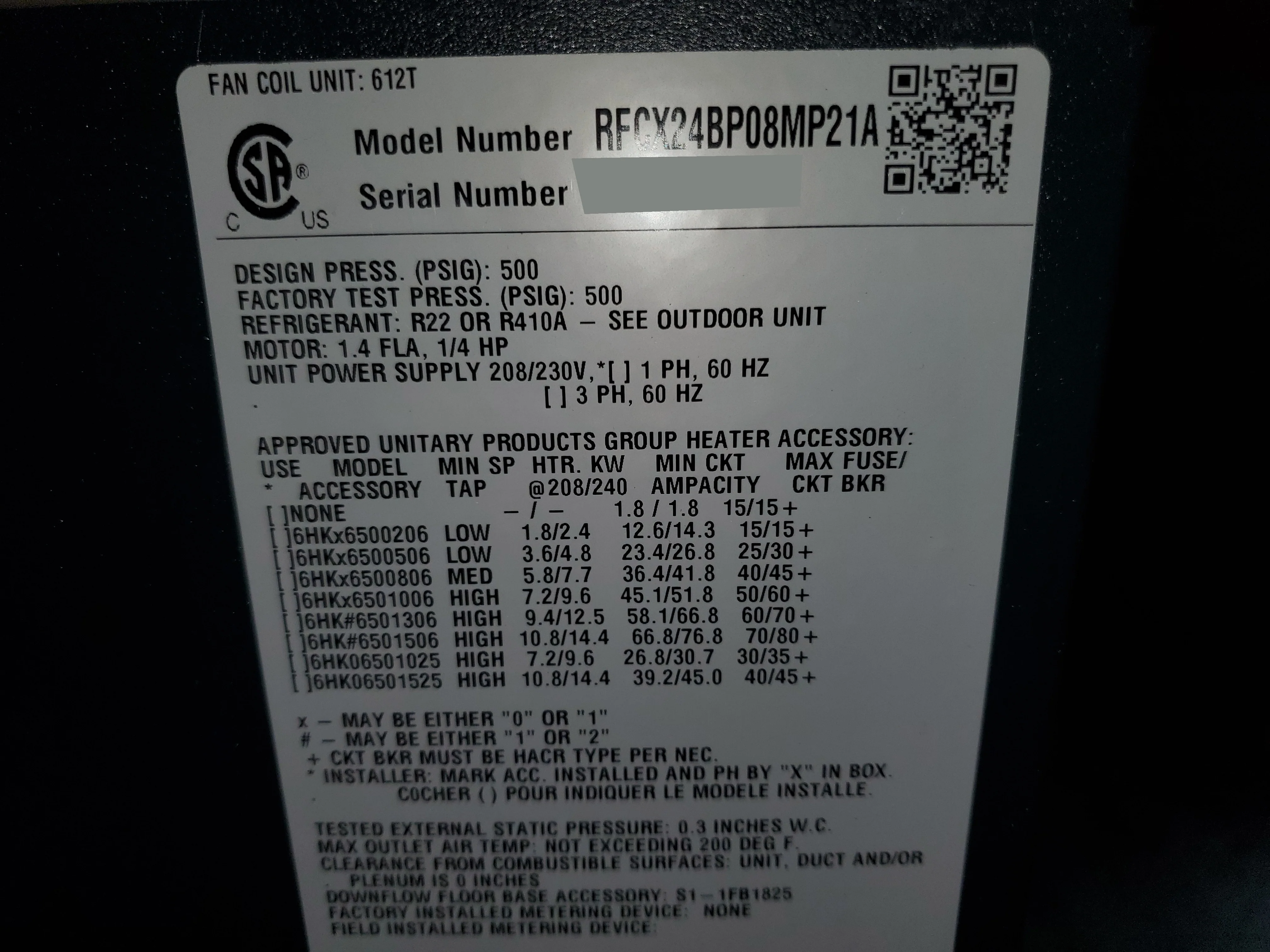 2 TON AC/HP MULTI-POSITION FANCOIL, 208-230/60/1 R-410A/R-22 CFM:800 - Image 4