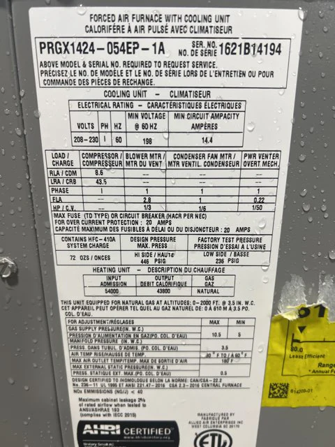 2 Ton A-Series Gas/Electric Packaged Unit Low NOx, 14 SEER, 208-230/60/1, R-410A - Image 6