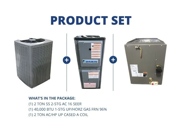 2 Ton SS 2-Stg AC 16 SEER and 40,000 BTU 1-Stg Up/Horz Gas FRN 96% and 2 Ton AC/HP Up Cased A Coil