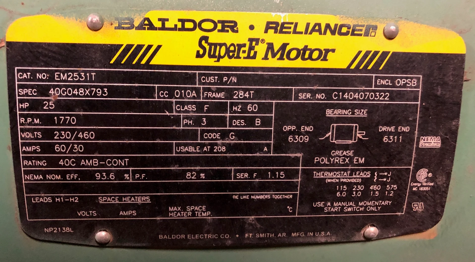 25 HP "SUPER-E" REVERSIBLE ELECTRIC MOTOR, 230-460/60/3 RPM:1770/1 SPEED - Image 5