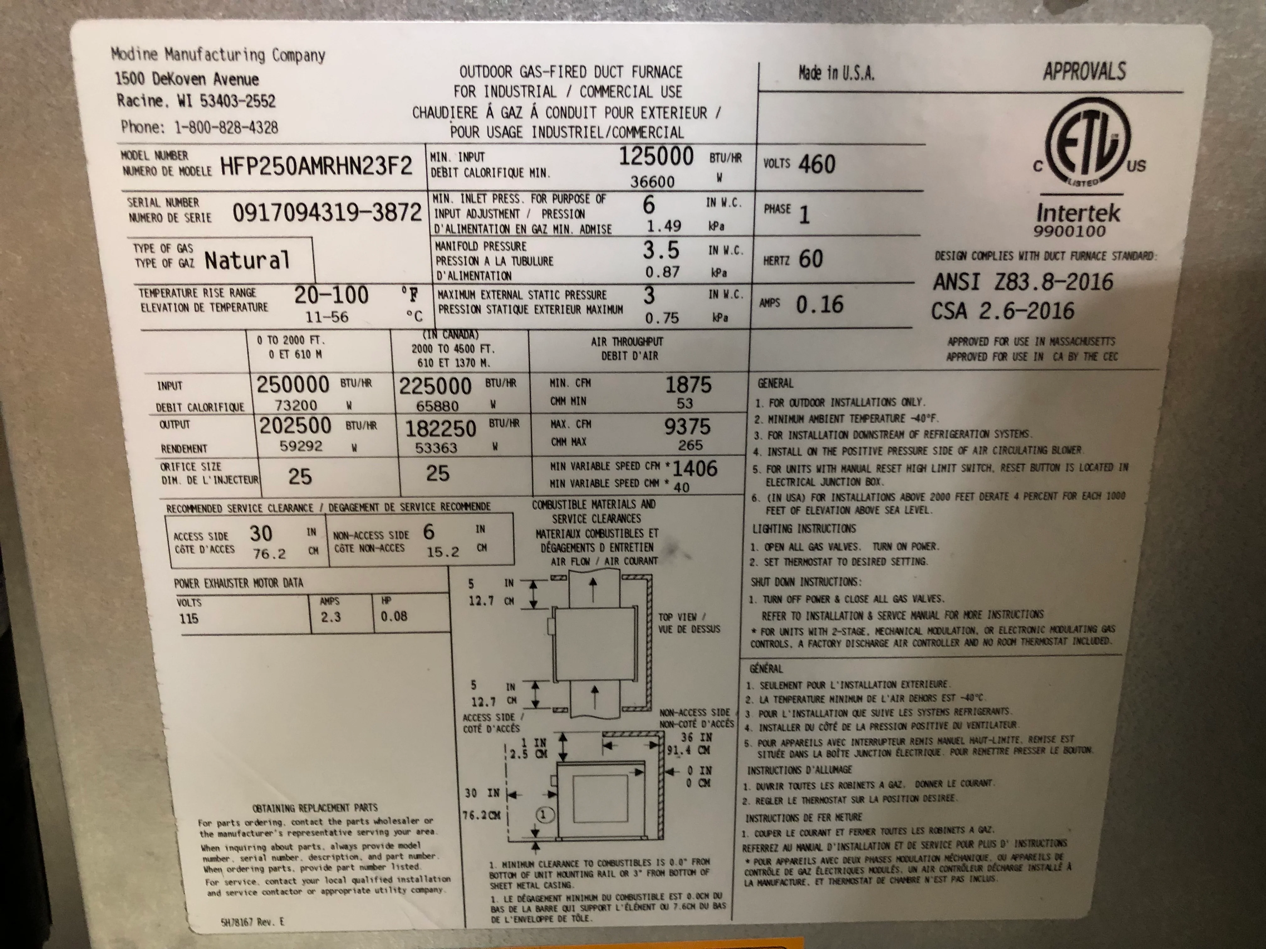 250,000 BTU Single Stage Down/Horz Natural Gas Rooftop Furnace, 80% 460/60/3 CFM: 9259 - Image 7